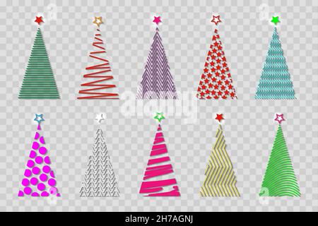 set of colorful vector stylized Christmas tree, fashion logo icon festive, embossed geometric tree in vibrant colors, isolated on transparent Stock Vector