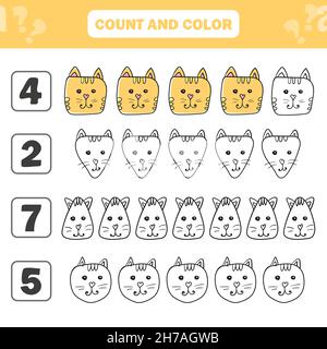 Count and color game for preschool children - cute cats. Worksheet for the development of mathematical abilities. Coloring book for kids Stock Vector