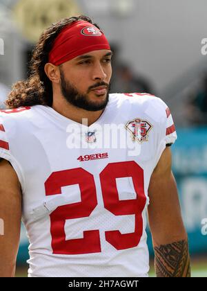 San Francisco 49ers safety Talanoa Hufanga (29) runs onto the field during  an NFL football game against the Arizona Cardinals, Sunday, Jan.8, 2023, in  Santa Clara, Calif. (AP Photo/Scot Tucker Stock Photo 