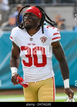 Jacksonville, FL, USA. 21st Nov, 2021. San Francisco 49ers safety Talanoa  Hufanga (29) before 1st half NFL football game between the San Francisco  49ers and the Jacksonville Jaguars at TIAA Bank Field