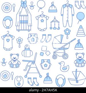 Newborn baby accessories thin line icons set. Stock Vector