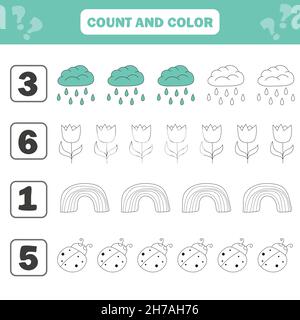 Count and color game for preschool children - spring items. Worksheet for the development of mathematical abilities. Coloring book for kids Stock Vector