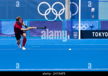 Tokyo, Japan. 29th July, 2021. James Kirkpatrick (24) of Canada passes the ball during the Tokyo 2020 Olympic Games Men's Hockey Preliminary match between Canada and Belgium at the Oi Hockey Stadium in Tokyo, Japan. Daniel Lea/CSM}. Credit: csm/Alamy Live News Stock Photo