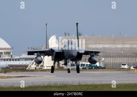 An F-15C Eagle assigned to the 44th Fighter Squadron taxis to the runway at Kadena Air Base, Japan, Nov. 17, 2021. The 18th Wing fighter squadrons conduct routine training to ensure U.S. and allied forces are able to deter potential adversaries and defend the freedom of the Indo-Pacific area of responsibility.  (U.S. Air Force photo by Senior Airman Jessi Monte) Stock Photo