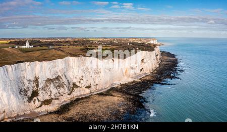 Aerial view of the White Cliffs of Dover. Close up view of the cliffs from the sea side. Stock Photo
