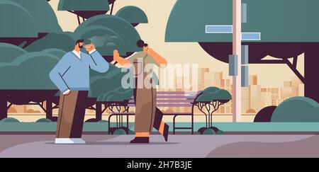 man with cigarette discussing with woman in park passive smoking bad habits unhealthy lifestyle nicotine addiction concept Stock Vector