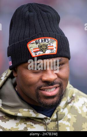 Chicago, Illinois, USA. 21st Nov, 2021. - Bears #52 Khalil Mack on the sidelines before during the NFL Game between the Baltimore Ravens and Chicago Bears at Soldier Field in Chicago, IL. Photographer: Mike Wulf. Credit: csm/Alamy Live News Stock Photo