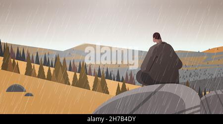 sad unhappy woman sitting on stone depressed person loneliness depressive disorder problem mental health diseases Stock Vector