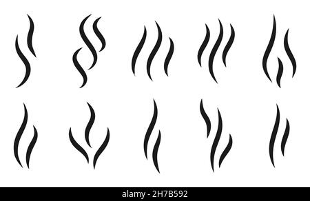Aromas wavy icons set. Black silhouette steam, symbol smell smoking or stench. Simple template odour coffee or tea, perfume scent. Sign heat water or hot smoke. Isolated on white vector illustration Stock Vector