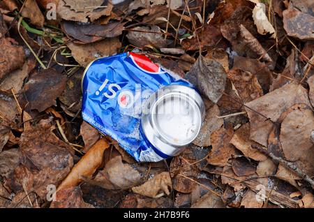 A discarded crushed empty can of Pepsi. Stock Photo