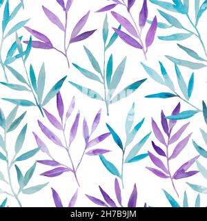 Seamless pattern with watercolor blue and purple branches. Hand painted design print for decor and invitations. Stock Photo