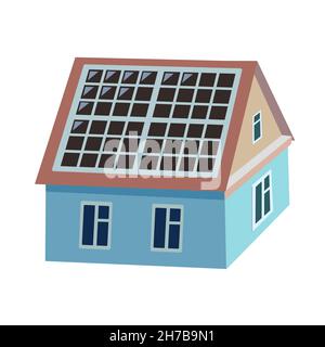 House with solar battery isolated on white background. Eco clean energy concept.  Stock Vector