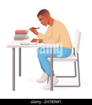 African American student sitting at desk reading a book. Young man studying preparing for exams. Vector illustration. Stock Vector