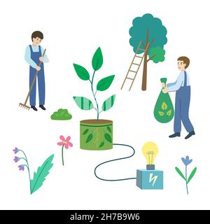 Biomass energy. Renewable clean energy resources. Conceptual vector illustration on white background Stock Vector