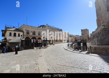 The Omar Ibn El-Khattab Sq. near Jaffa gate in the old city of Jerusalem. Stock Photo