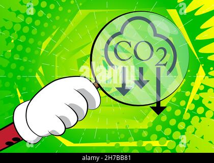 CO2 emission sign, Carbon dioxide icon under magnifying glass illustration on comic book background. Stock Vector