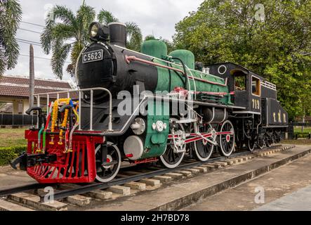 Restored historic locomotive from the Burma Railway in Kanchanaburi Thailand Stock Photo