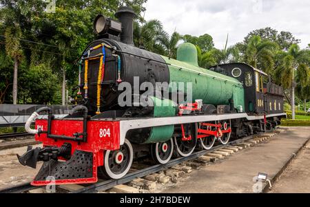Restored historic locomotive from the Burma Railway in Kanchanaburi Thailand Stock Photo