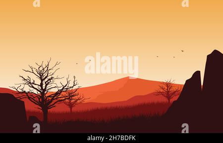 Fantastic mountain views from the village at dusk with the silhouettes of dry trees all around. Vector illustration of a city Stock Vector