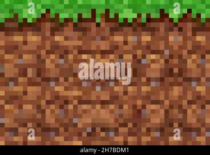 Pixel game vector background with cubic block pixel grass and ground pattern. Nature landscape scene with green grass meadow, brown soil and rocks mos Stock Vector