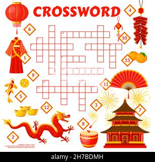 Chinese holiday objects, crossword grid worksheet, vector find a word quiz game. Kids crossword riddle to guess Chinese new year symbols of dragon, pa Stock Vector