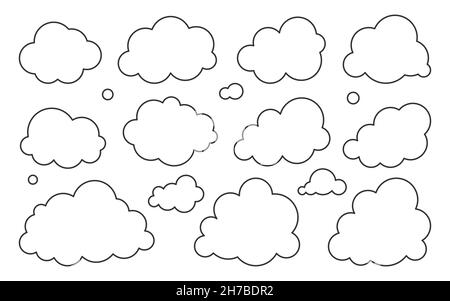 Cloud black line set. Climate weather cloudy icon. Blank form web storage meteorology database. Cartoon sign simple news dialogue banner. Fill sticker image software thin stroke isolated on white Stock Vector