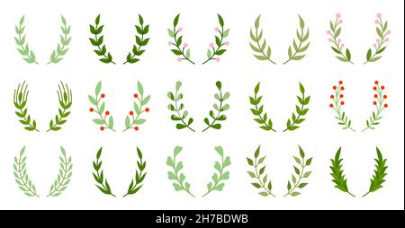 Natural wreath leafy object winner green flat set. Plant pattern award success. Heraldic vintage badge frame. Spring summer invitation card element. Circular shape of achievement isolated on white Stock Vector