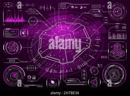 HUD futuristic prison security interface screen, safeguard movement and cameras controls, vector hologram display. HUD technology virtual jail or pris Stock Vector