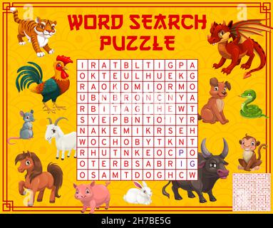 Chinese horoscope cartoon animals, word search puzzle or game worksheet, vector kids quiz. Find a word riddle game to find Chinese lunar horoscope ani Stock Vector