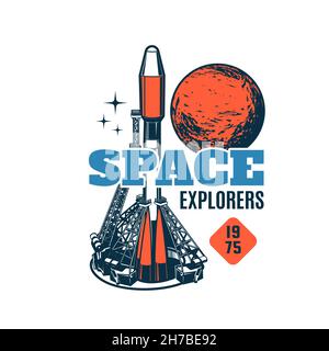 Spaceship vector icon of space exploration spacecraft. Galaxy universe planet, stars and rocket launch site with rocket boosters and shuttle isolated Stock Vector