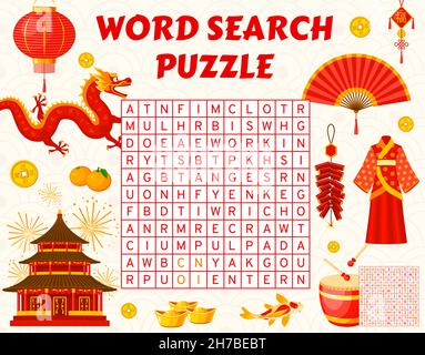 Chinese holidays word search puzzle game worksheet, vector quiz riddle for kids. Guess puzzle to search words of Chinese new year golden ingots, carp Stock Vector