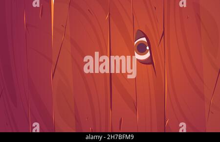 Eye in fence hole, peep or spy concept. Hidden person looking through