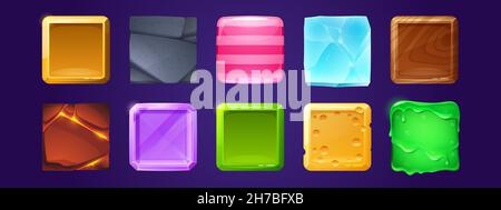 Square buttons with wooden, stone, gold and ice textures for ui game design. Vector cartoon set of glossy labels from cheese, purple crystal, striped candy, lava and green slime Stock Vector