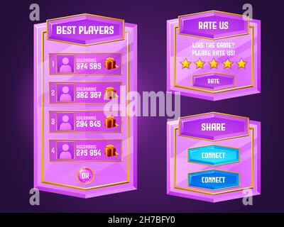 Diamond game menu, gamer ui panel with buttons, pink cartoon crystal interface with gui elements. Best players, rate us, share and connect boards with user profiles, rating stars isolated vector set Stock Vector