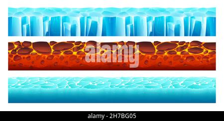 Game grounds with seamless texture of ice, water and lava. Vector cartoon set of platforms for game levels, landscapes with hot magma with stones, frozen water and sea Stock Vector