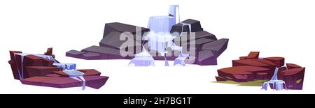 Waterfall cascades on rocks, cartoon water fall streams falling from mountains, pure liquid jets and stones with moss or green grass, fountain design elements vector icons isolated on white background Stock Vector