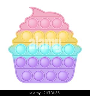 Popit figure cupcake as a fashionable silicon toy for fidgets. Addictive anti stress toy in pastel rainbow colors. Bubble anxiety developing pop it to Stock Vector