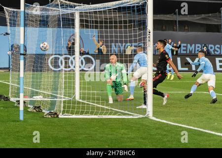 Alexander Callens (6) of NYCFC scored goal with header shot during MLS  regular season game against New England Revolution at Yankee stadium. Game  was played without fans because of COVID-19 pandemic precaution.