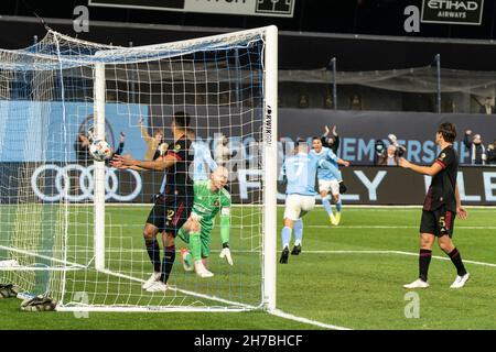 Alexander Callens (6) of NYCFC scored goal with header shot during MLS  regular season game against New England Revolution at Yankee stadium. Game  was played without fans because of COVID-19 pandemic precaution.