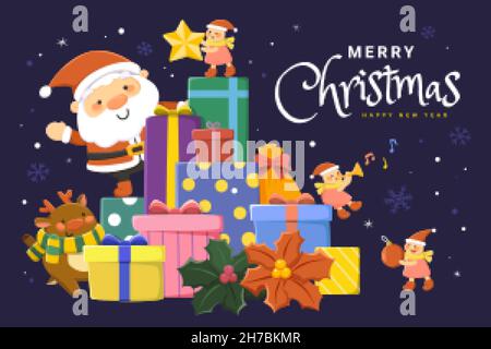 Christmas greeting card design. Santa Claus greeting from a pile of gifts, with reindeer and Christmas elves celebrating with him on dark blue backgro Stock Vector