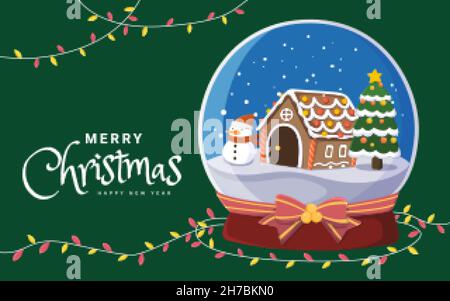 Merry Christmas crystal ball card. Flat illustration of Xmas theme glass ball decorated with string lights on dark green background Stock Vector