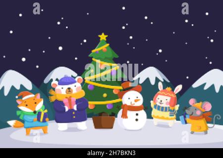 Christmas card template. Flat illustration of animals in winter wear and Snowman standing aside a Christmas tree on Xmas eve Stock Vector