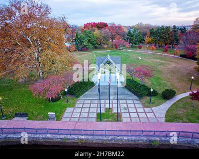 Aerial View of a Riverfront Park in Fall Colors Stock Photo