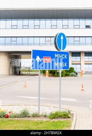 Minsk M2 highway road directional sign set by the Minsk airport, Belarus Stock Photo