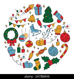 Vector set of New Year icons, Christmas symbols. Hand drawn winter holidays icons. Cartoon doodle objects on the theme of New Year's holidays. Stock Vector