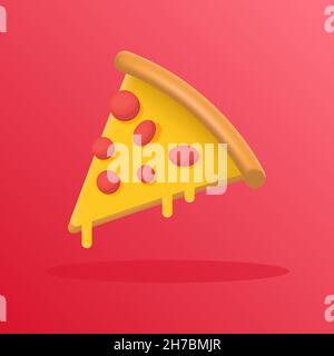 flying pizza 3d illustration with topping sausage and melting cheese. pizza 3d design illustration, pizza vector Stock Vector