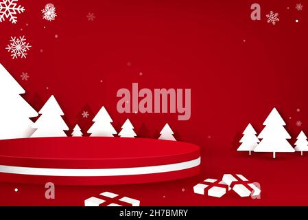 Stage podium mock up for product placement on red Christmas background Stock Vector