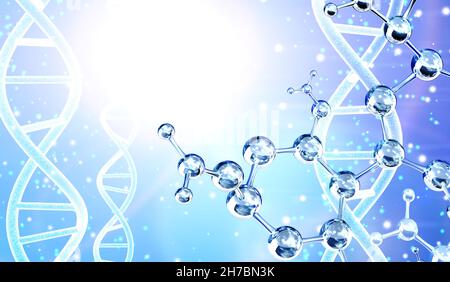 Horizontal banner with abstract molecular structure, DNA and copy space for text. Genetic engineering, GMO, gene manipulation concept. Hi Tech technol Stock Photo