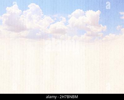 Grunge background with striped cardboard texture and white clouds. Horizontal vintage nature backdrop. Paper cardboard background. Recycled carton mat Stock Photo
