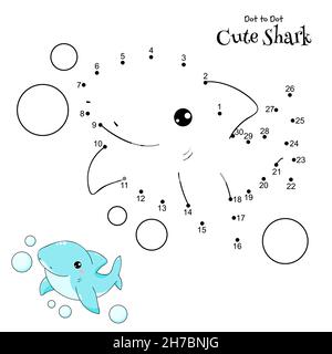 Connect The Dots and Draw Cute Shark. Dot to dot puzzle with cartoon little shark. Educational Game for Kids. Drawing for Preschool children.Vector Il Stock Vector